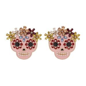 Sugar Skull Earring Studs LARGE Stones Boho Skeleton Sparkly 2"
